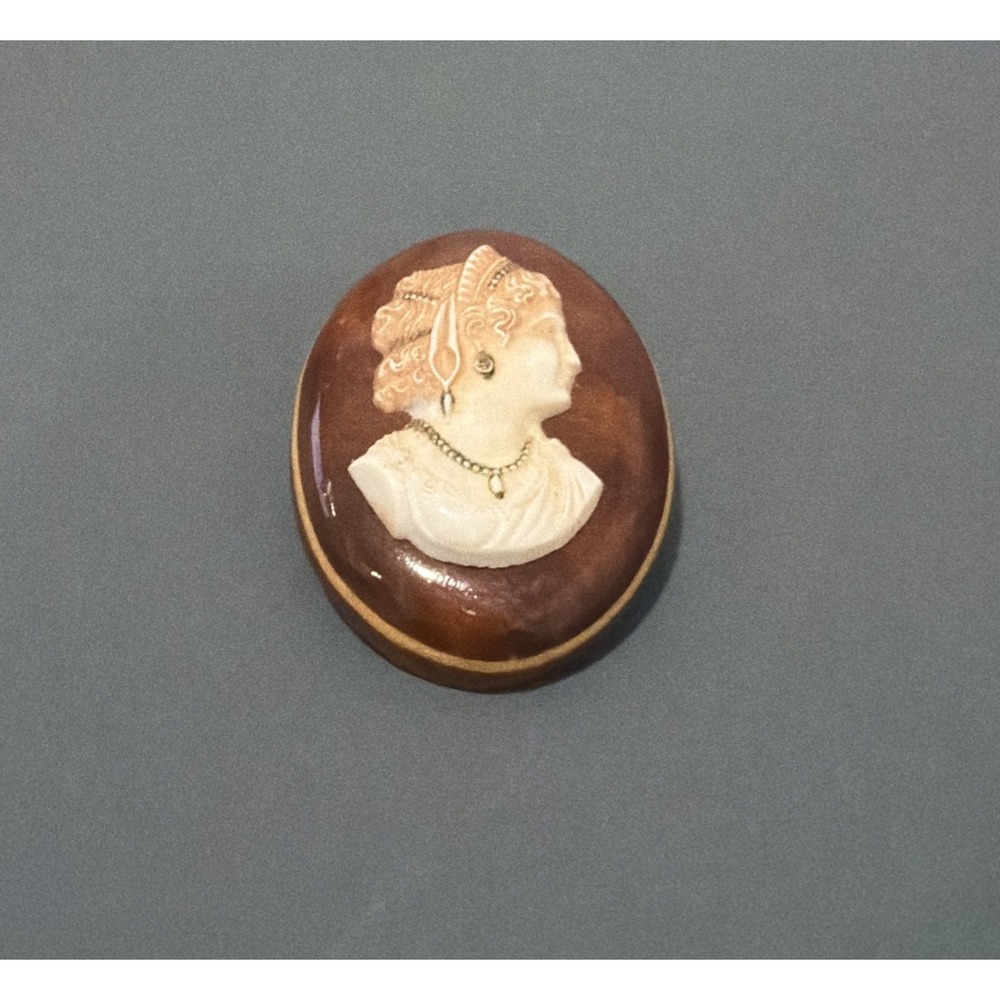 Vintage Carved Cameo Brooch Mounted on Wood Brown and Cream
